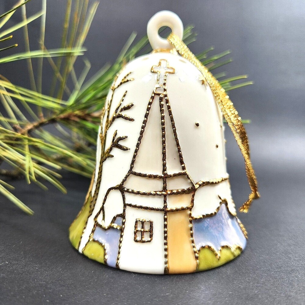 Vtg. Ceramic Scent or Shaker Christmas Ornament Bell Village Scene Hanging